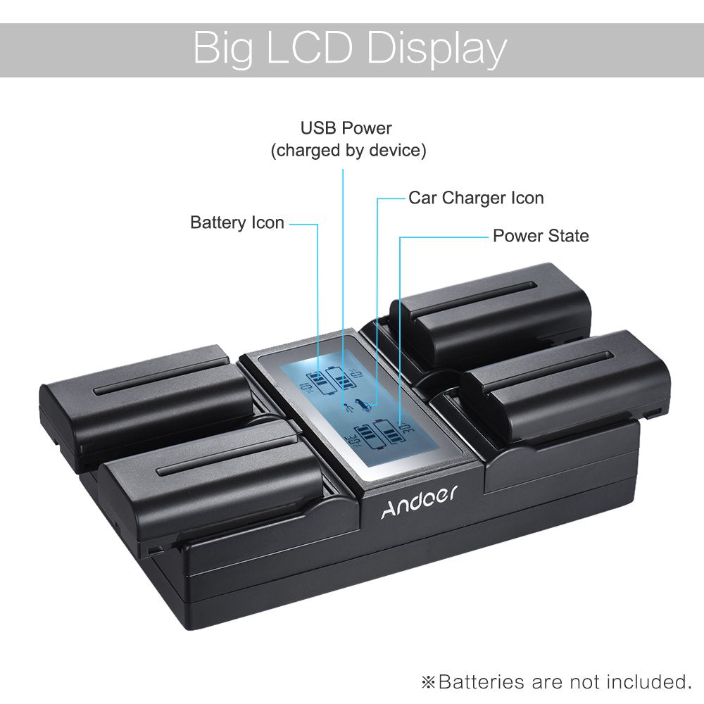 Andoer 4-Channel Digital Camera Battery Charger LCD Display for Sony Canon Camera (NP-F970)