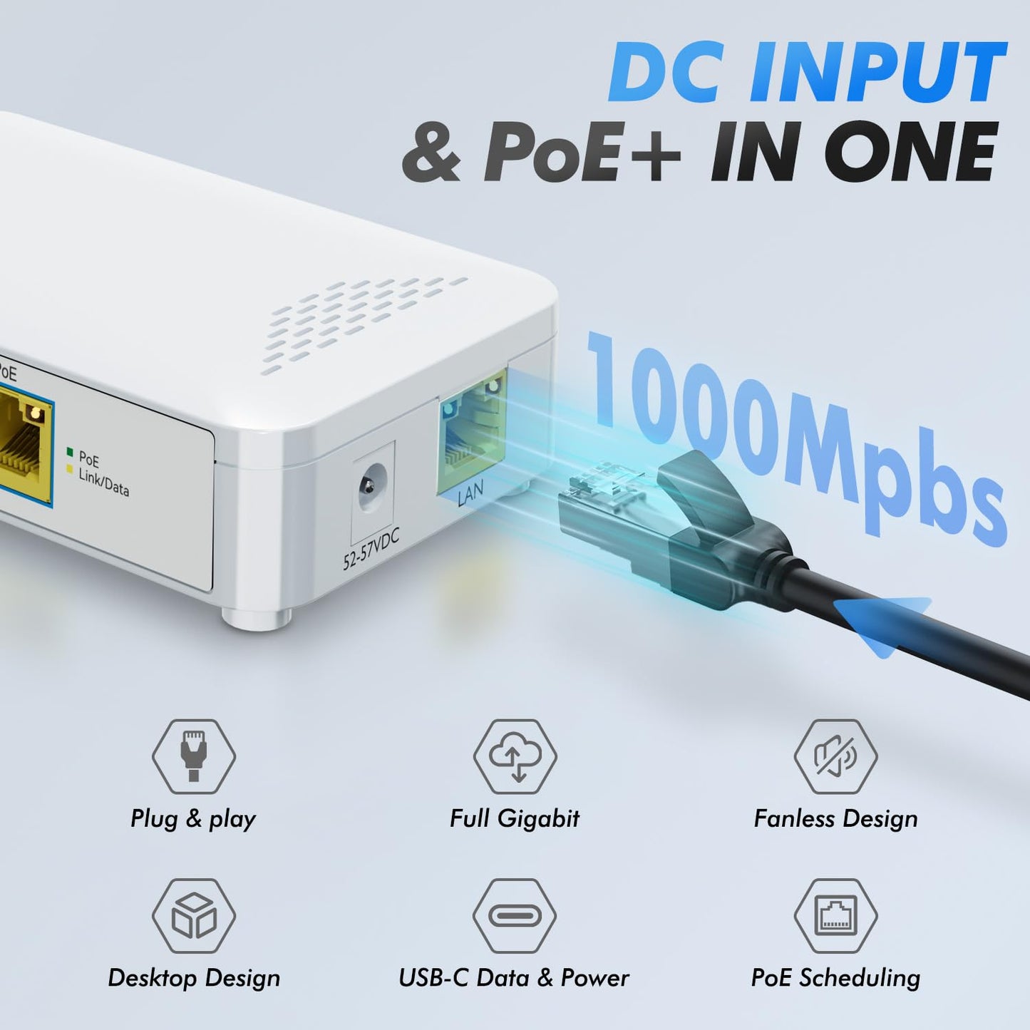 PoE to USB C Switch 60W IEEE 802.3af/at Compliant, 1 USB-C Port (30W PD Charging & Gigabit Ethernet) & 1 PoE+ Port & 1 Ethernet Port