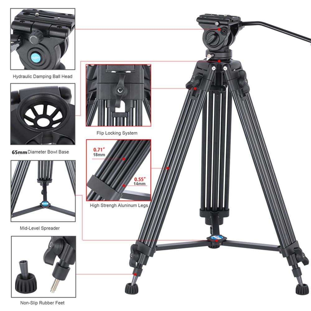 YUSEN 62"/158CM Video Tripod Professional Heavy Duty Aluminum Twin Tube Video Tripod 360 Degree Fluid Head Mid-Level Spreader for DSLR Camcorder