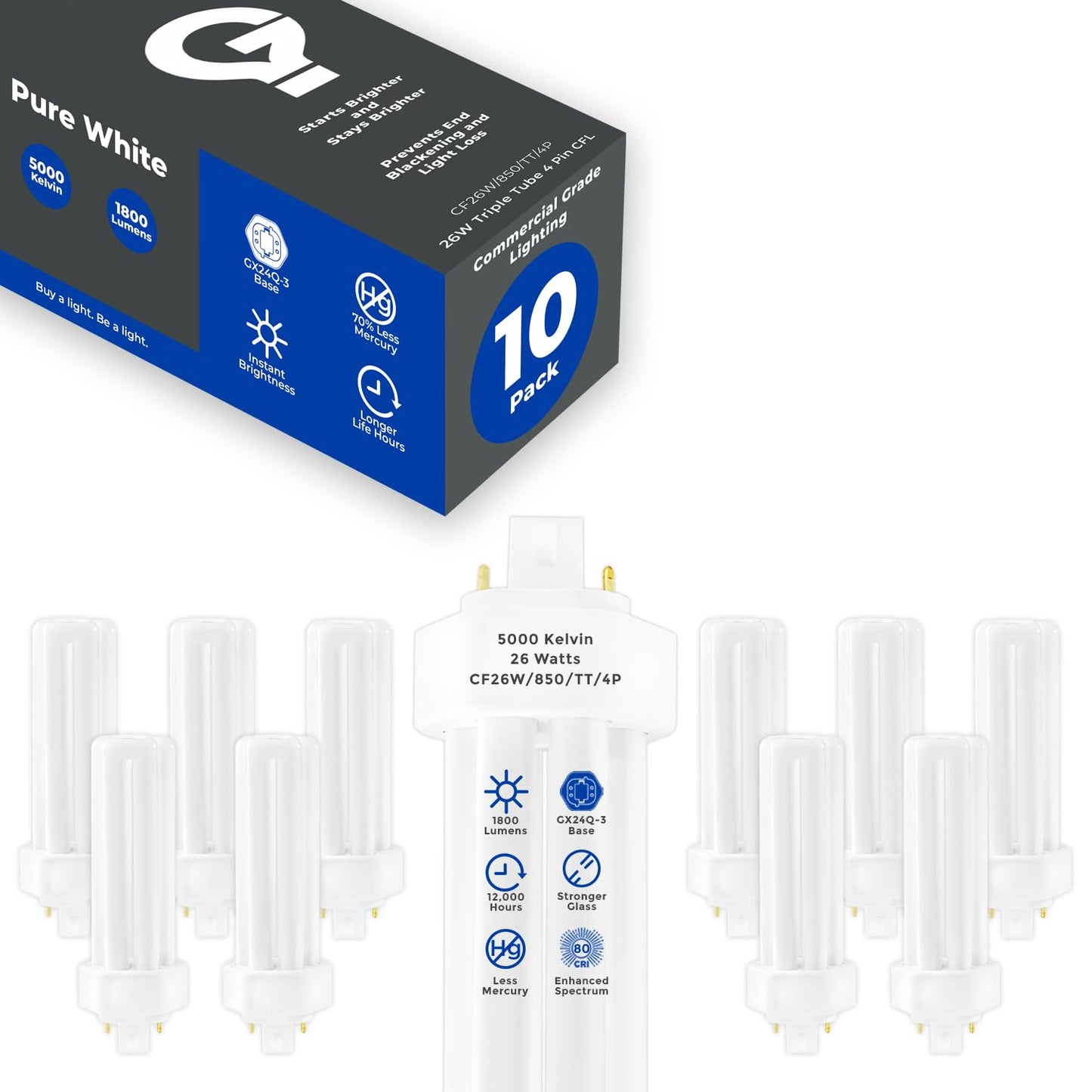 GoodBulb 26 Watt CFL Light Bulbs 4 Pin GX24Q-3 Base 5000K Daylight 26W High Output 1800 Lumens Triple Tube Compact Fluorescent Light Bulbs Plug-in 10
