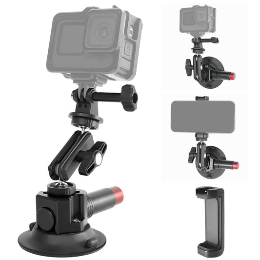 CNC Machined 3in Camera Suction Cup Mount with Adjustable Magic Arm, 1/4" ARRI Holes Quick Release Car Mount with Phone Holder & Action Camera Adapter