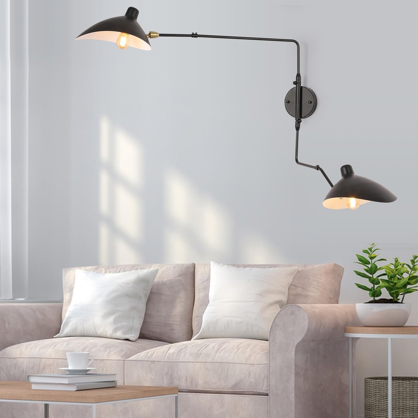 Modern Swing Arm Plug In Wall Lamp, Adjustable Industrial Wall Sconces For Bedroom Bedside, Retro Cordless Beetle-Shade Wall Light Fixtures For Living