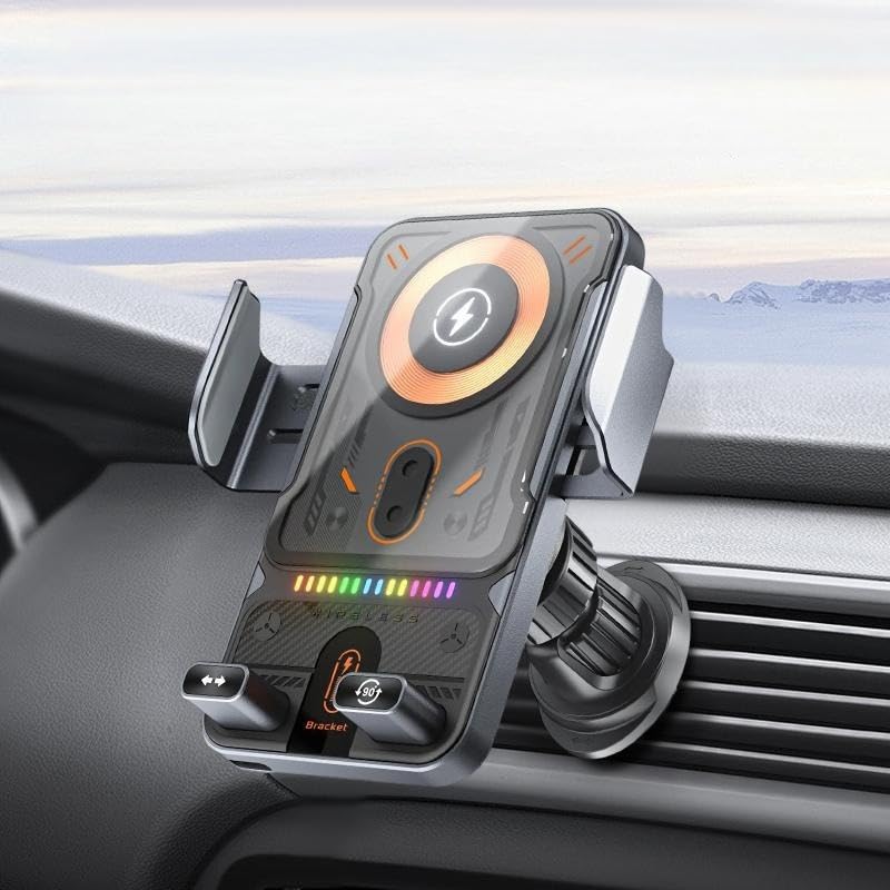 Car Phone Holder with Electric Induction Opening and Closing, Electric Horizontal and Vertical Screen Rotation Adjustment, 15W Wireless Charging