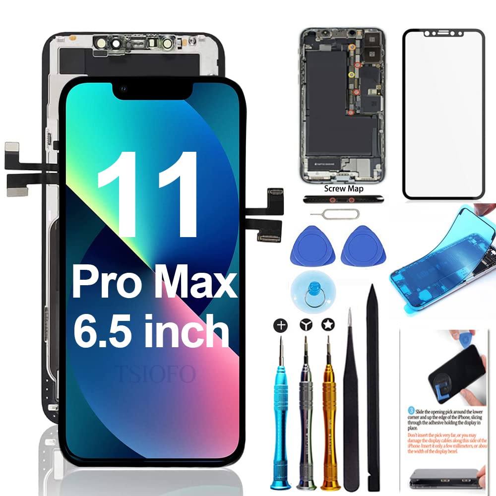 for iPhone 11 Pro Max Screen Replacement 6.5 inch LCD Display 3D Touch Digitizer Frame Assembly Full Repair Kit with Repair Tools, Screen Protector