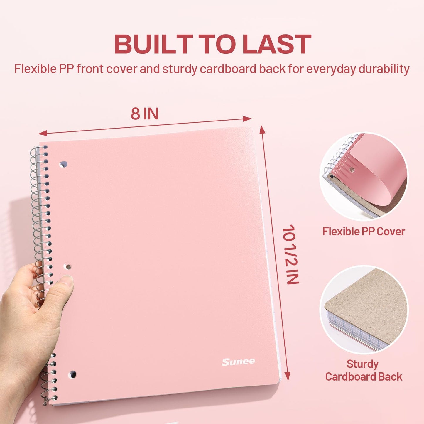 SUNEE Spiral Notebook, 1-Subject, College Ruled Paper, 8" x 10-1/2", 100 Sheets per Notebook, 3-Hole Punched Paper, Water Resistant Cover