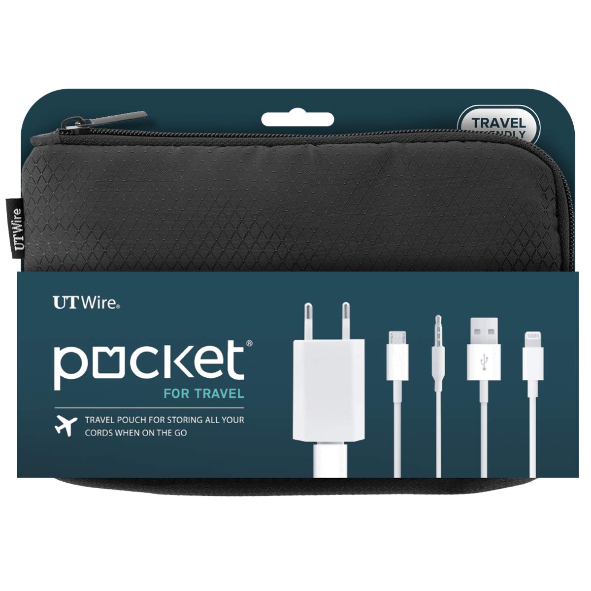 UT Wire Pocket Travel Lightweight Organizer Case with Zipper for Charger, Cable, Power Bank, Flash Memory Accessories Holder in Black 1-Pack