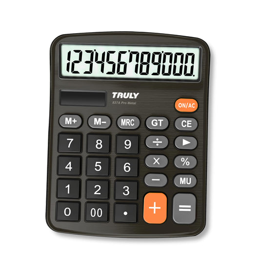TRULY 12-Digit Desktop Calculator with Large Display, Big Buttons, Dual Power (Solar + Battery), Metal Finish, Ideal for Office, Home, School - 837A
