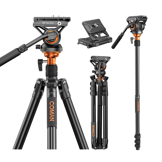 COMAN Camera Tripod with Fluid Head, Lightweight Compact Tripod for Camera with Detachable Monopod Aluminium Alloy and QR Plate for DJI Canon Nikon