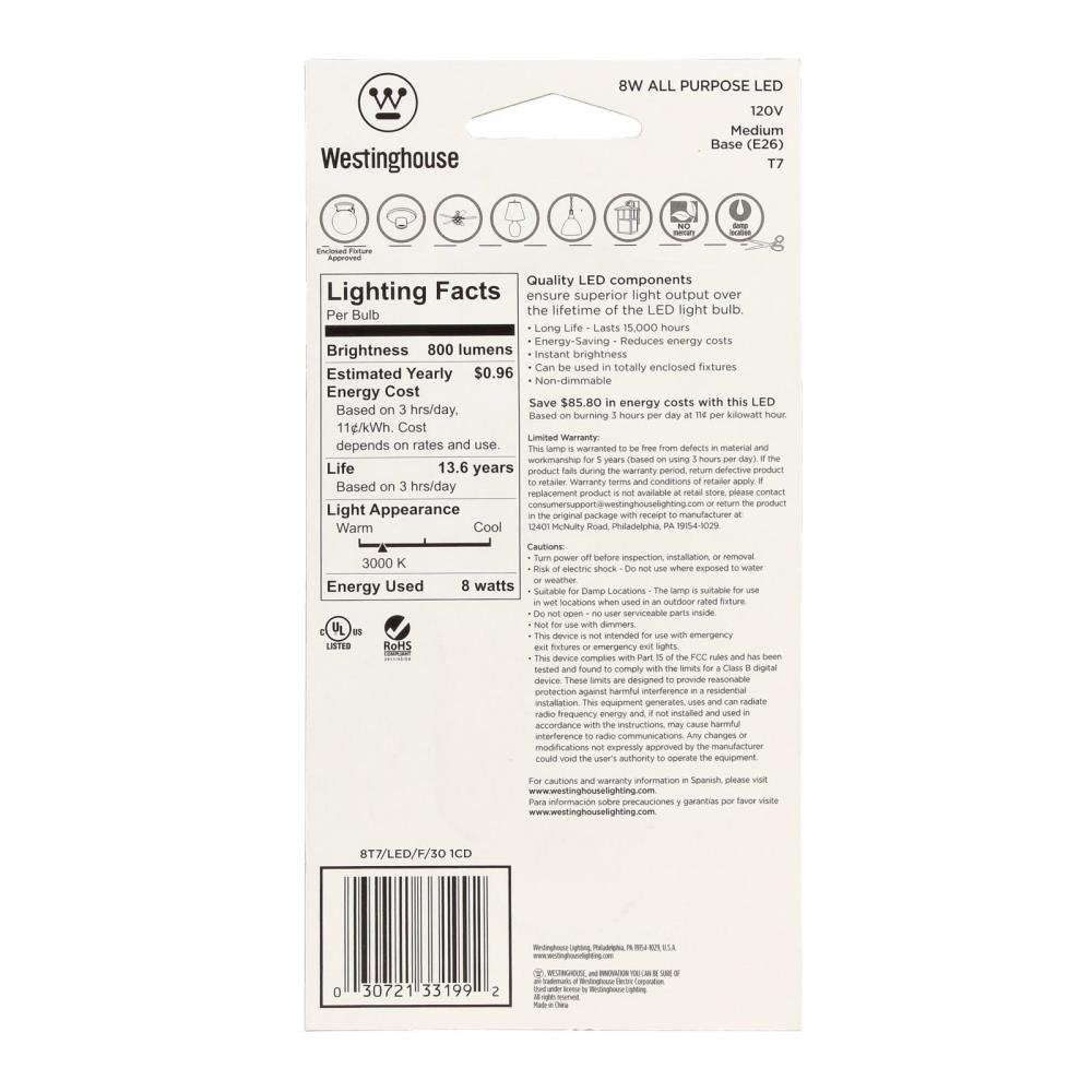 Westinghouse 3319920 8 Watt (60 Watt Equivalent) T7 Frost LED Light Bulb Medium (E26) Base, 4-Pack