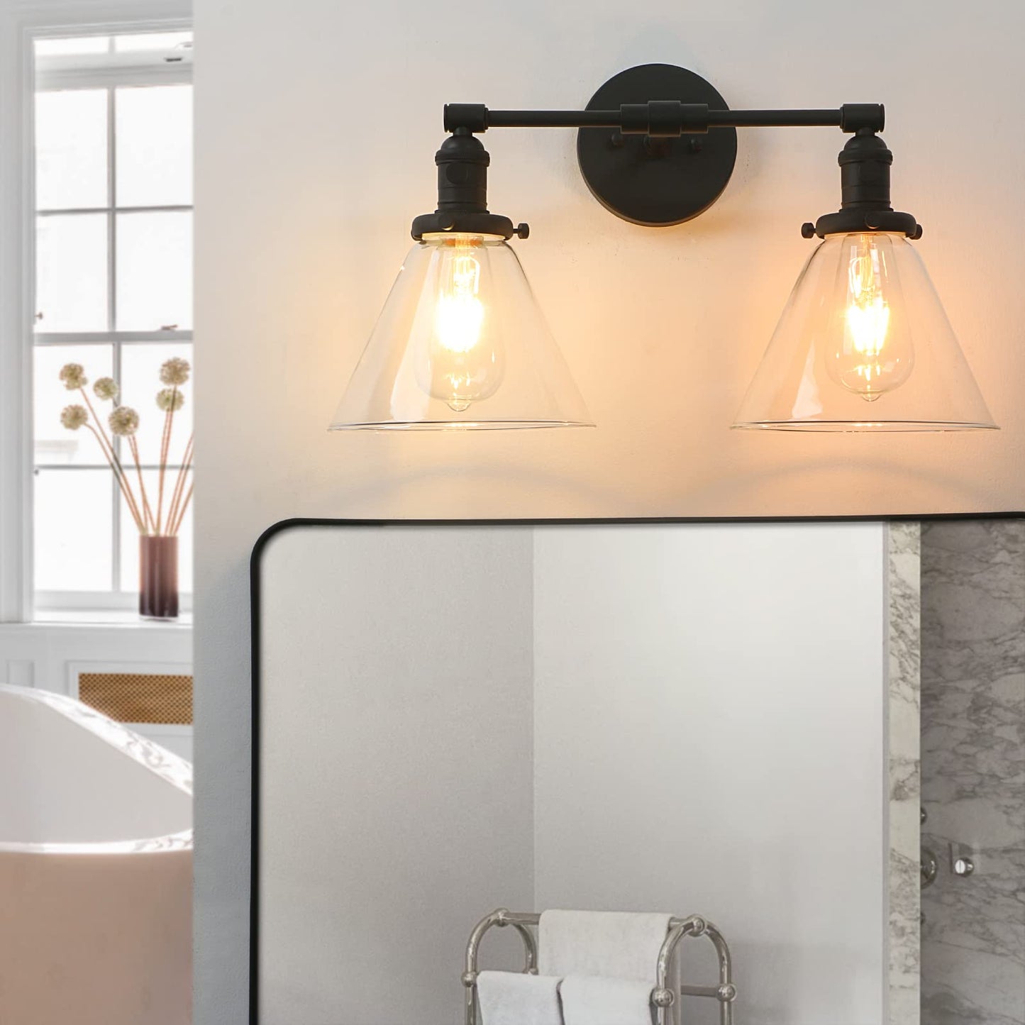 Phansthy 2-Light Industrial Wall Light Black Wall Sconce Light Fixture with Dual 7.3 Inches Cone Clear Glass Canopy (Black)