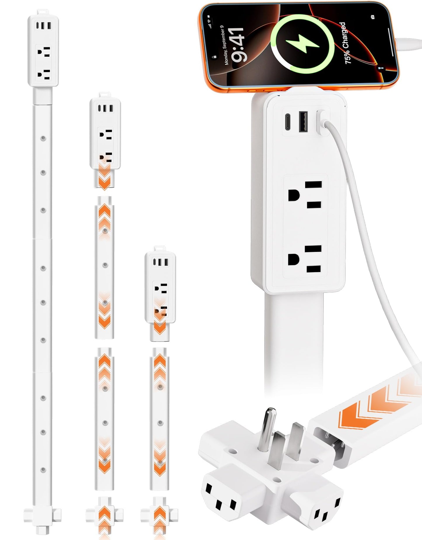 Electrical Outlet Extender Stick Features 2 USB-A, USB-C and 2 AC Outlets, Extendable 6", 15.3", 24.5", 34", for Hard to Reach Spaces Use Behind