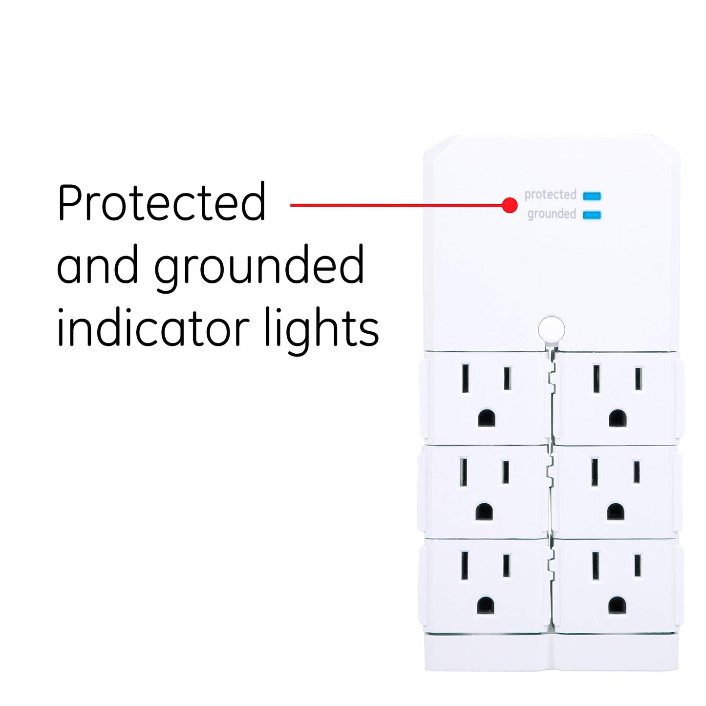GE Pro 6-Outlet Surge Protector Tap with Swivel Outlets, White, 90 Degree Rotating Outlets, 1080 Joules, 37063