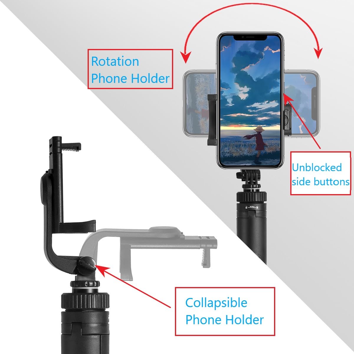 66" Tripod for iPhone & Camera, Portable Phone Tripod with Rechargeable Remote Control and Rotate Phone Stand, Selfie Stick for iPhone/Gopro