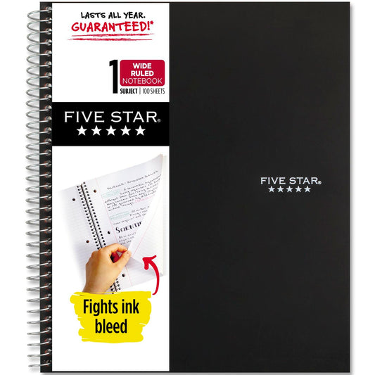 Five Star Spiral Notebook + Study App, 1 Subject, Wide Ruled Paper, 8" x 10-1/2", 100 Sheets, Fights Ink Bleed, Water Resistant Cover, Black (72021)