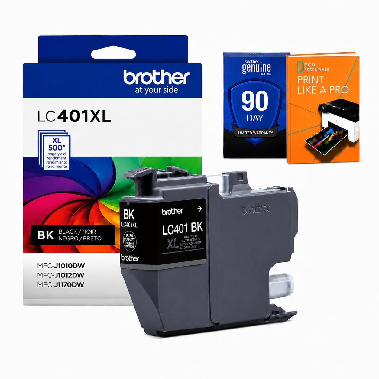 Brother Genuine LC401XLBK Black High Yield Ink Cartridge, Bundle with Deco Essentials Printer eBook for MFC-J1010DW, MFC-J1170DW