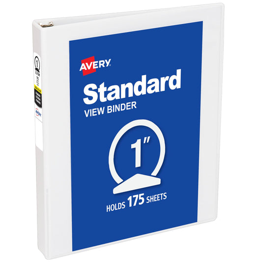 Avery® Standard View 3 Ring Binder, 1" Round Rings, 175-Sheet Capacity, 1.4 Inch Wide Spine, 1 White Binder, Ideal for Lightweight Organization