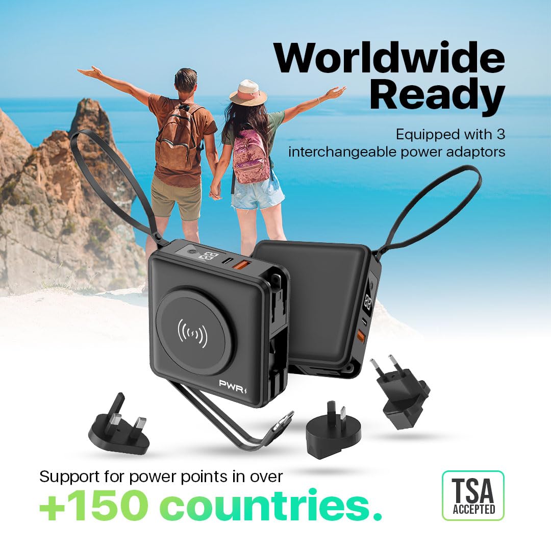 PWRMobile PWR Travel PRO 5-in-1 Power Bank with Case Included - 10,000mAh with Built-in Cables - 20W USB-C + 15W Wireless Charging - Compact Portable
