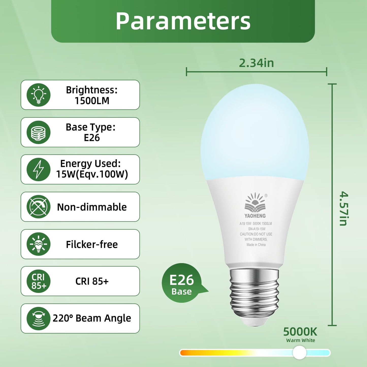 YAOHENG A19 LED Light Bulb, 100 Watt Equivalent LED Bulbs, 5000K Daylight White, 1500 Lumens, Standard E26 Base, Non-Dimmable 15W Super Bright Light