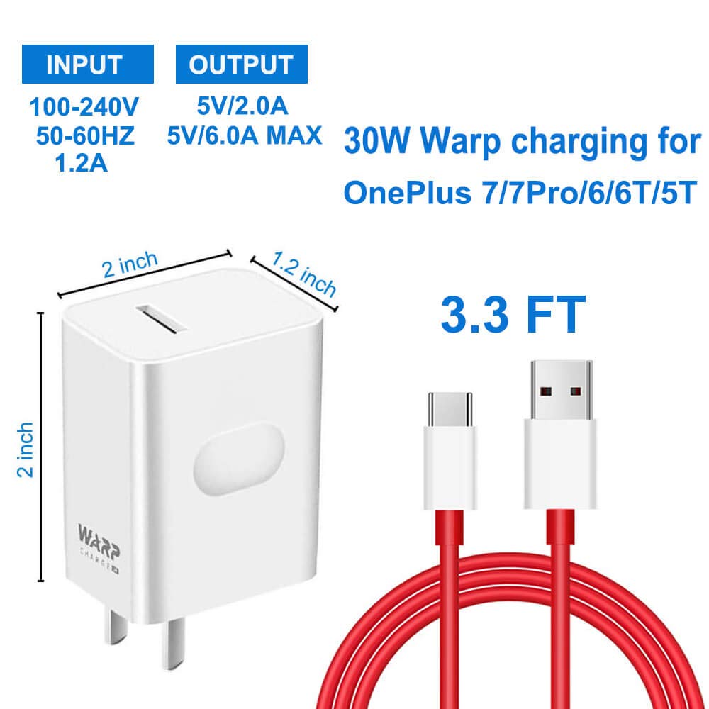 Warp Charger,30W Quick Rapid Charge Power AC Wall Adapter with USB-C Fast Charging Data Cable 3.3FT [5V 6A] Compatible with OnePlus