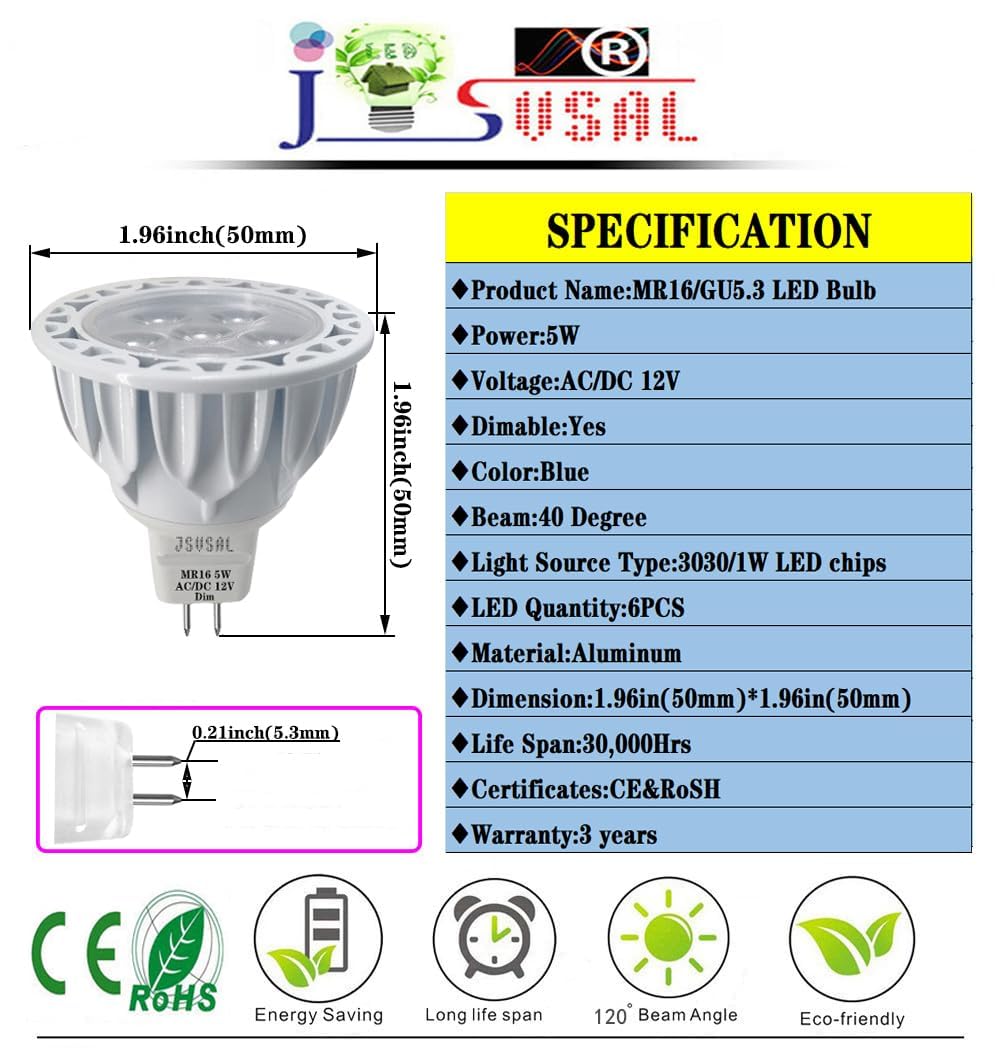 JSVSAL MR16 GU5.3 LED Light Bulb,Blue,5W 12V,Dimmable,4-Pack