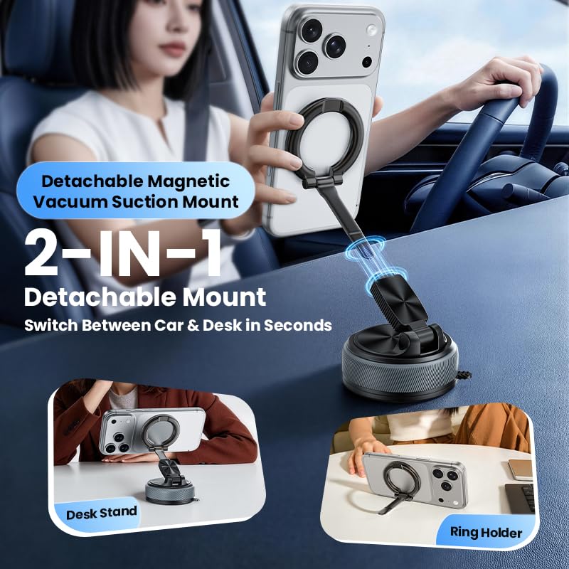 Magnetic Car Phone Mount, 2-in-1 Detachable Ring Stand for Desk & Dashboard, 360° Triple Axis Windshield Holder, N52 Strong Magnet, Universal Fit