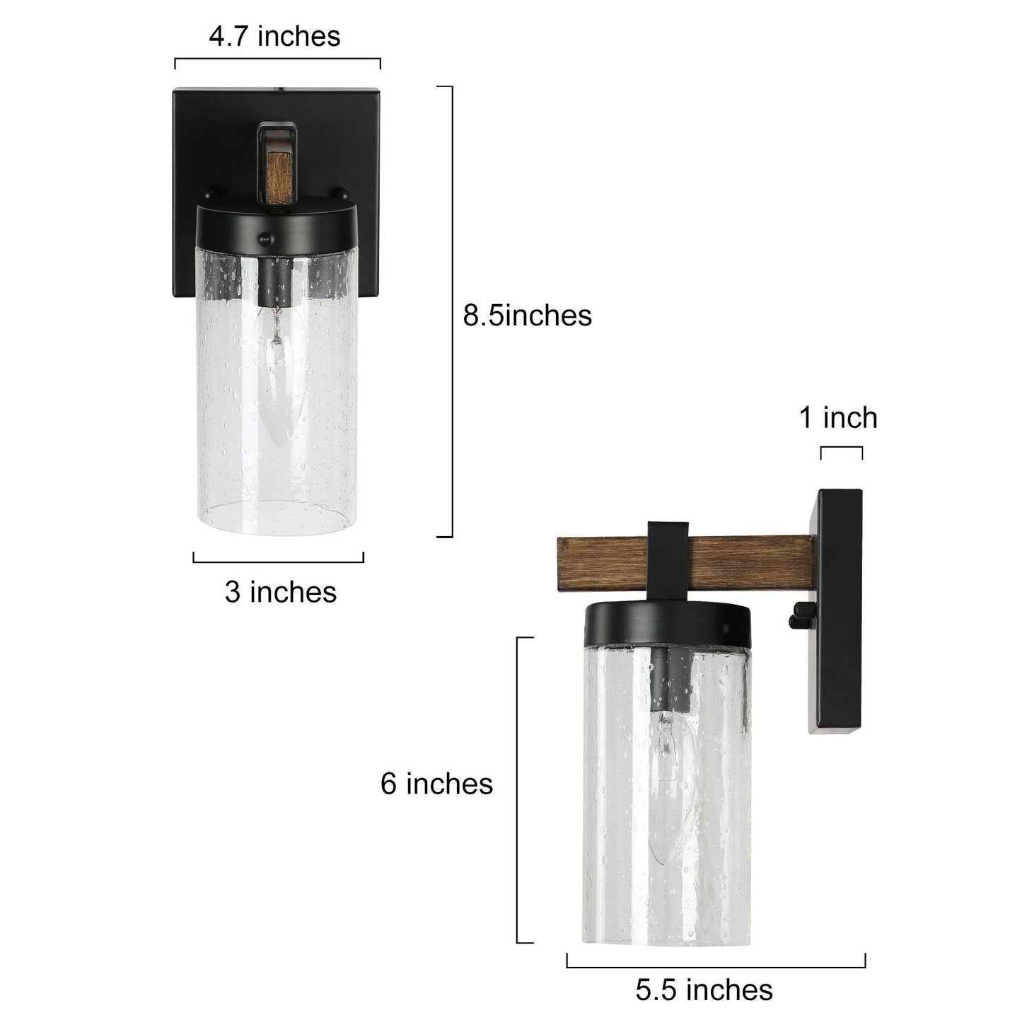 GEPOW Sconces Wall Lighting, 1-Light Black and Faux Wood Wall Sconce Light, Modern Bedroom Bathroom Wall Sconces Indoor with Seeded Glass Shade