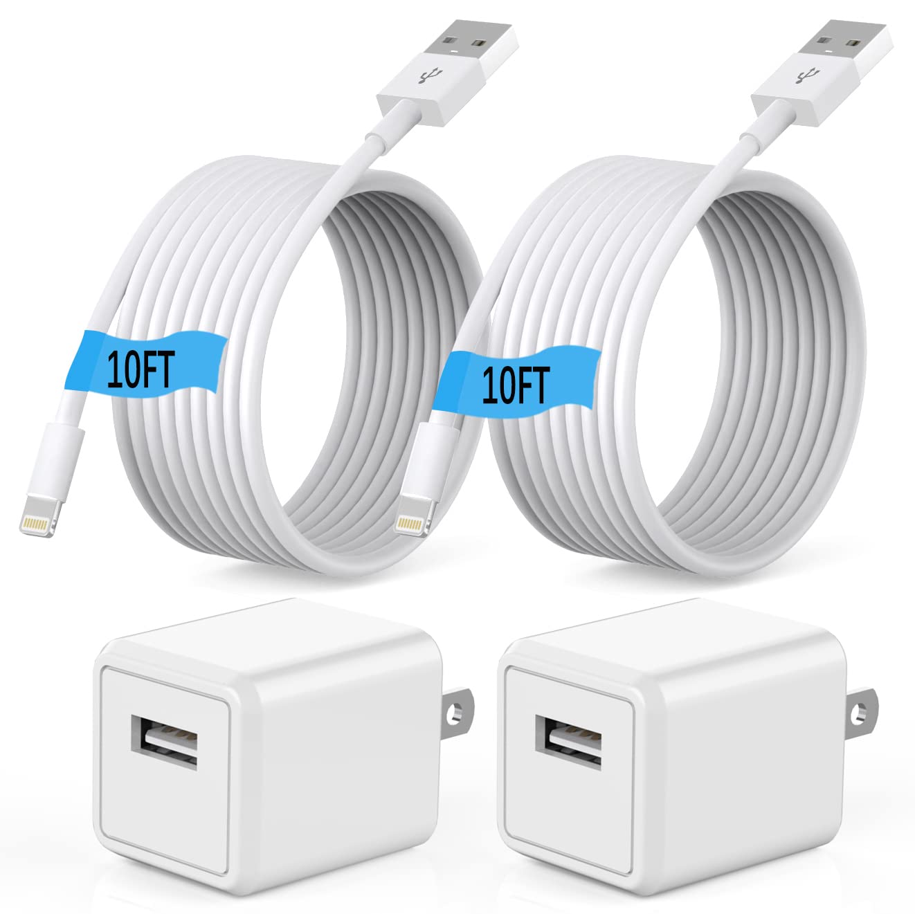 (Apple MFi Certified) iPhone charger 10ft,2Pack 10Foot Long Fast Charging Lightning Cord Cable 2Pack USB Wall Charger Travel Plug Adapter Box