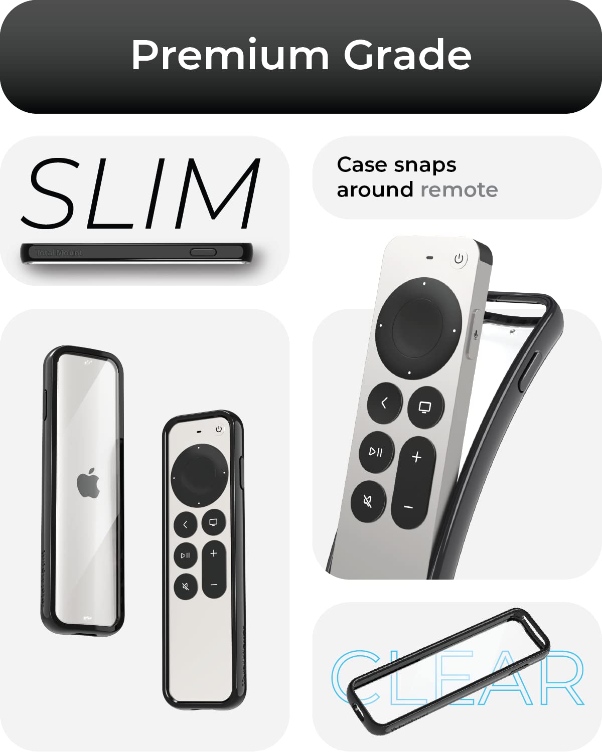 TotalMount Air Rim Case for Apple TV Remotes - Slim, Hybrid Black Perimeter Cover & Clear Back Remote Case with Ultimate Drop Protection