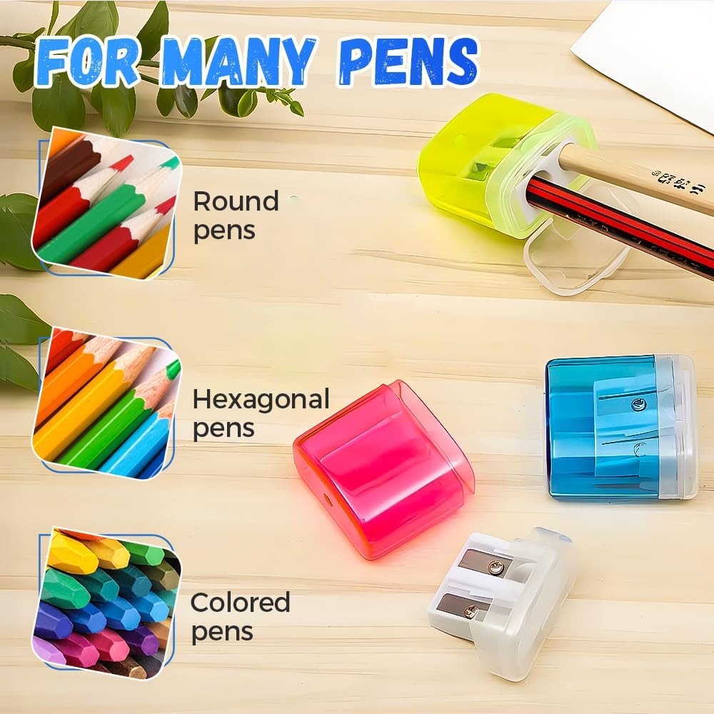Pencil Sharpeners, Handheld Pencil Pharpener with Lid, 2 Holes Mini Compact Colored Pencil Sharpener Manual for Classroom, Back to School, Home