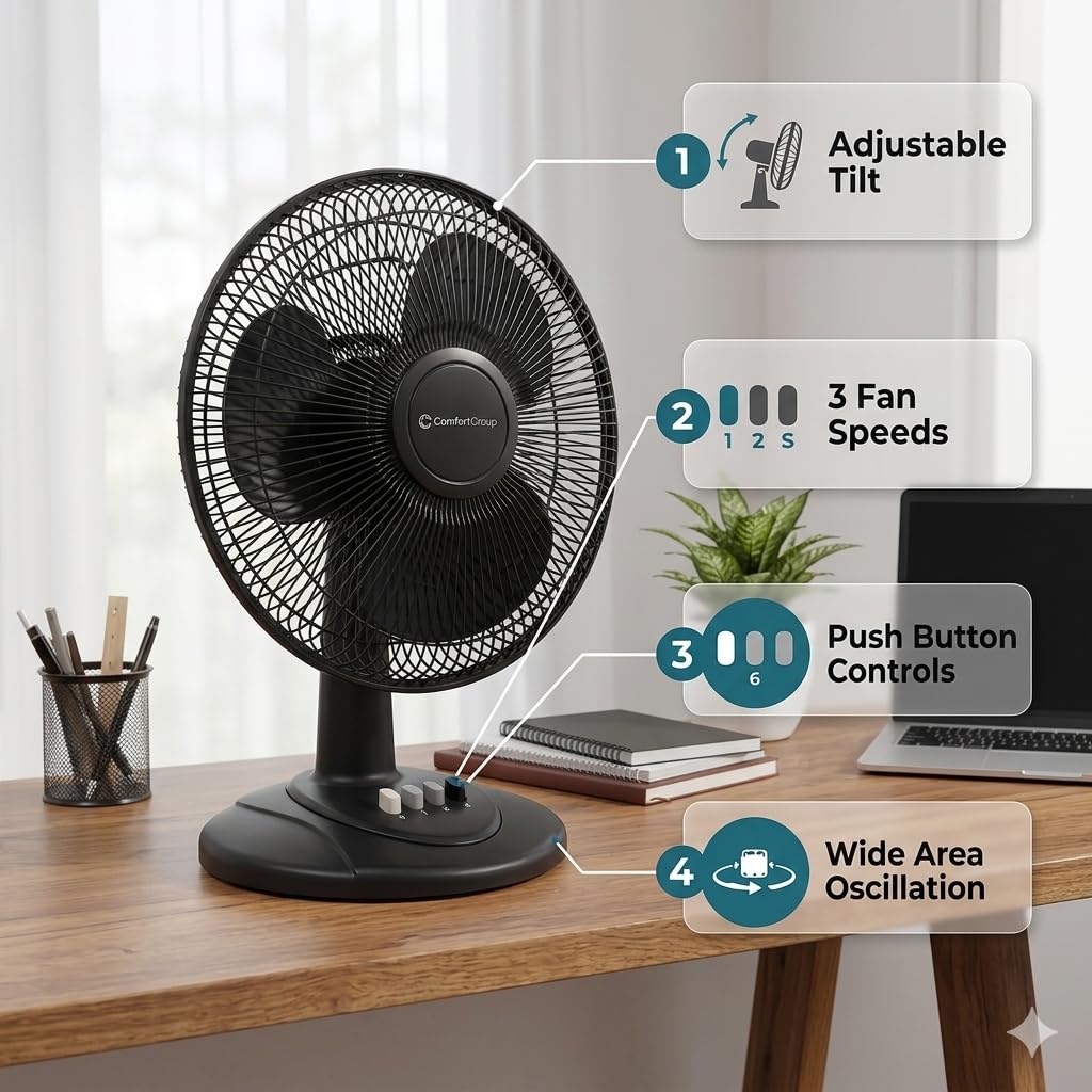Comfort Zone Oscillating Table Fan with Adjustable Tilt, Convenient Push Button Controls, Quiet, 12 inch, 3 Speed, Desk Fan, Airflow 7.25 ft/sec