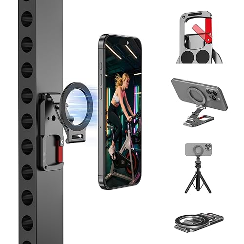 Magnetic Phone Mount for MagSafe, Maglock Tripod Adapter Magnet Golf Gym Workout Stand Metal Carabiner Dual Holder with 1/4 Screw Hole, for iPhone 16
