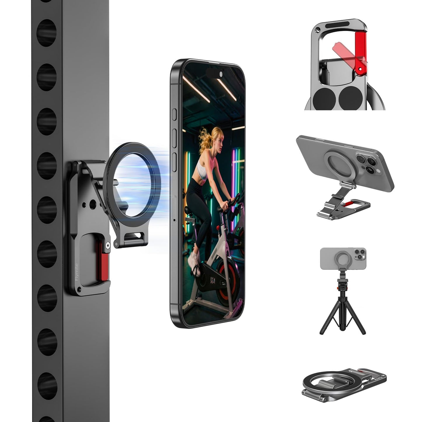 Magnetic Phone Mount for MagSafe, Maglock Tripod Adapter Magnet Golf Gym Workout Stand Metal Carabiner Dual Holder with 1/4 Screw Hole, for iPhone 16