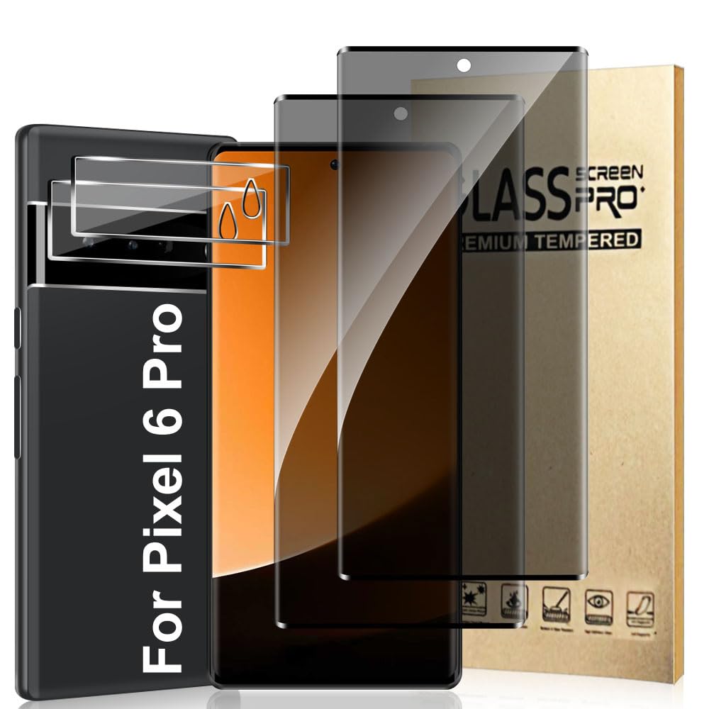 [2+2 Pack] Pixel 6 Pro Privacy Screen Protector and Camera Lens Protector, 3D Full Coverage, 9H Hardness Anti-Spy Tempered Glass, Easy Installation