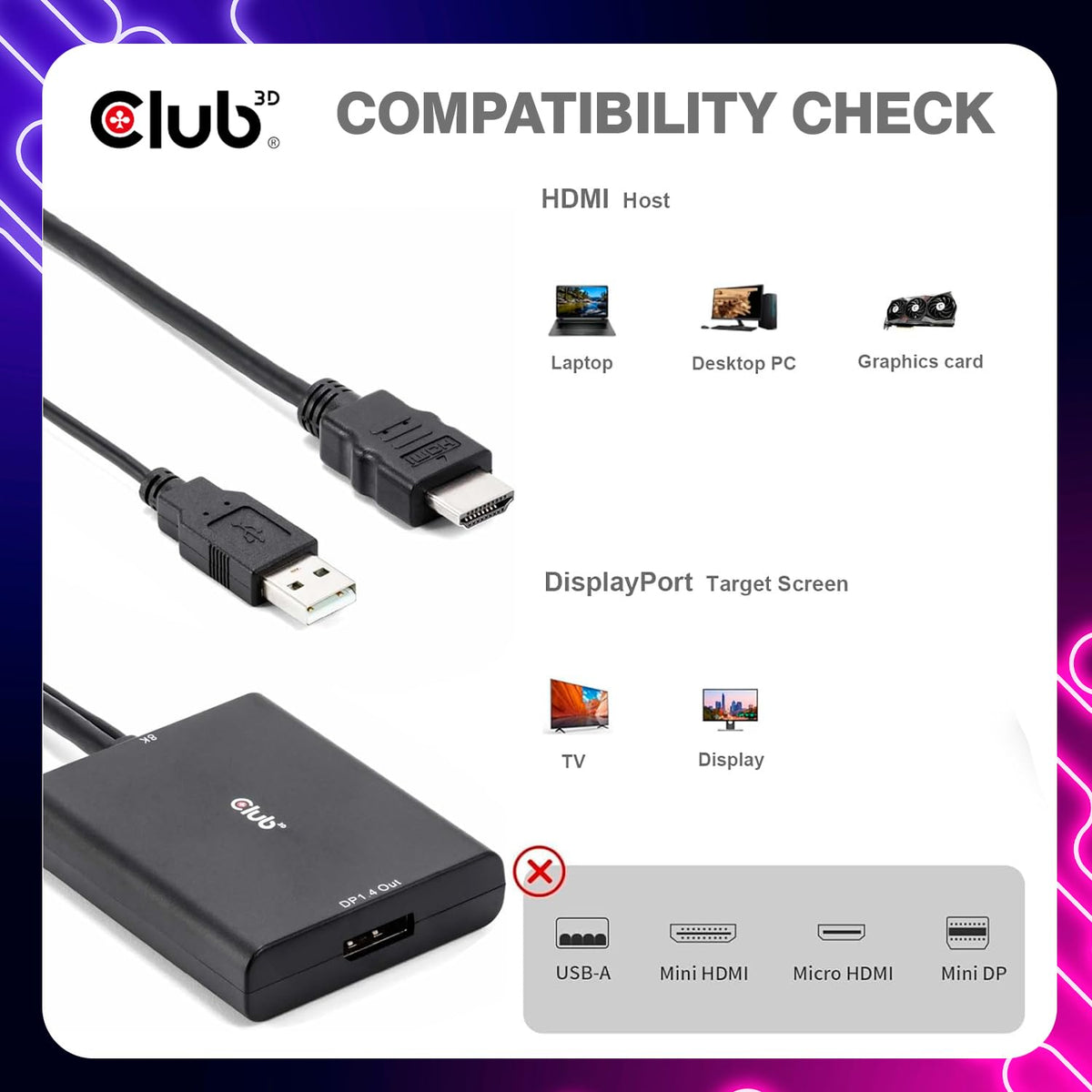 Club 3D HDMI 2.1 to DisplayPort 1.4 Active Adapter Cable - 4K 120Hz 8K 30Hz Converter for PC Laptop Gaming Console to Monitor - USB Powered Male