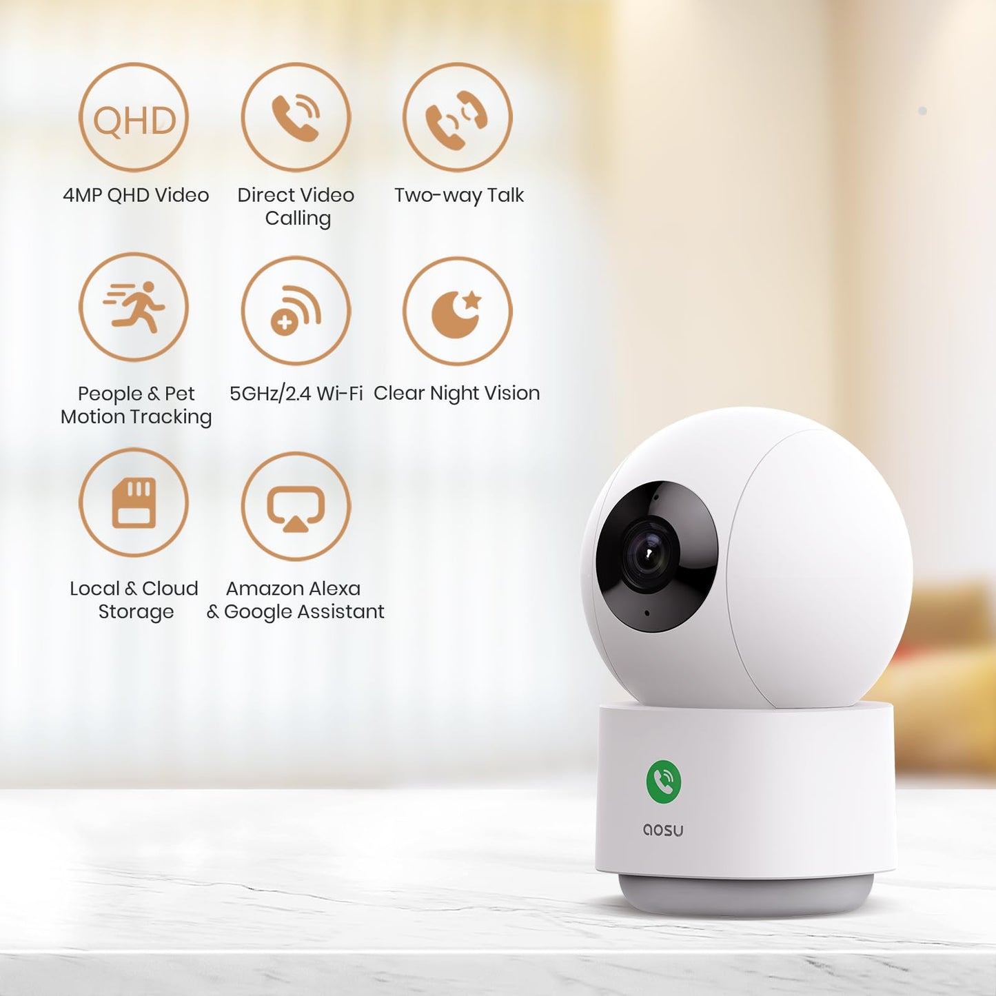 aosu 4MP Security Camera Indoor, 2.5K Baby Monitor Pet Camera 360° for Home Security, WiFi Camera with 5/2.4 GHz Wi-Fi, One-Touch Call, Smart Motion