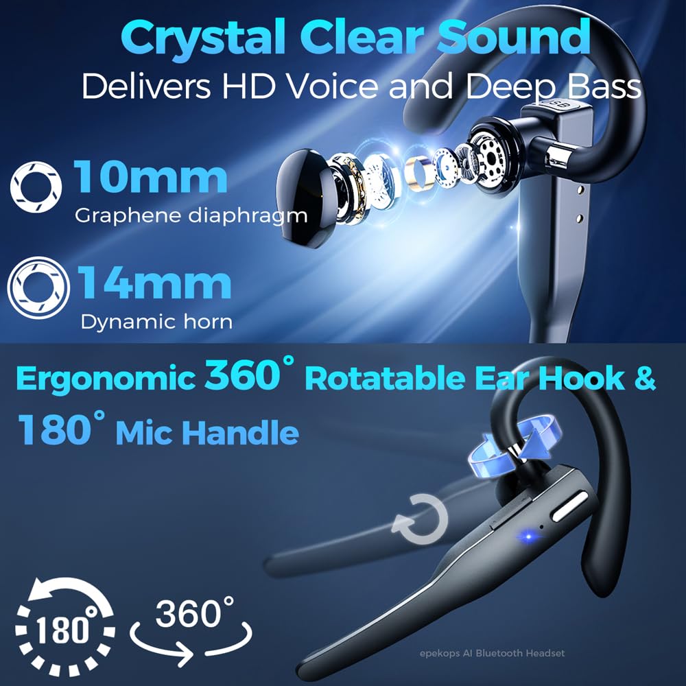 epekops AI Bluetooth Headset Wireless Bluetooth Headphone Earphone Earpiece with Translation, Noise Cancelling, Last 72H, Single-Ear Earbuds