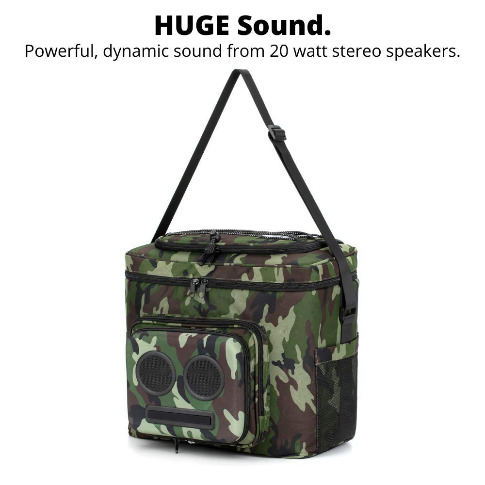 The #1 Cooler with Speakers on Amazon. 20-Watt Bluetooth Speakers for Parties/Festivals/Boat/Beach. Rechargeable, Works with iPhone & Android (Camo)