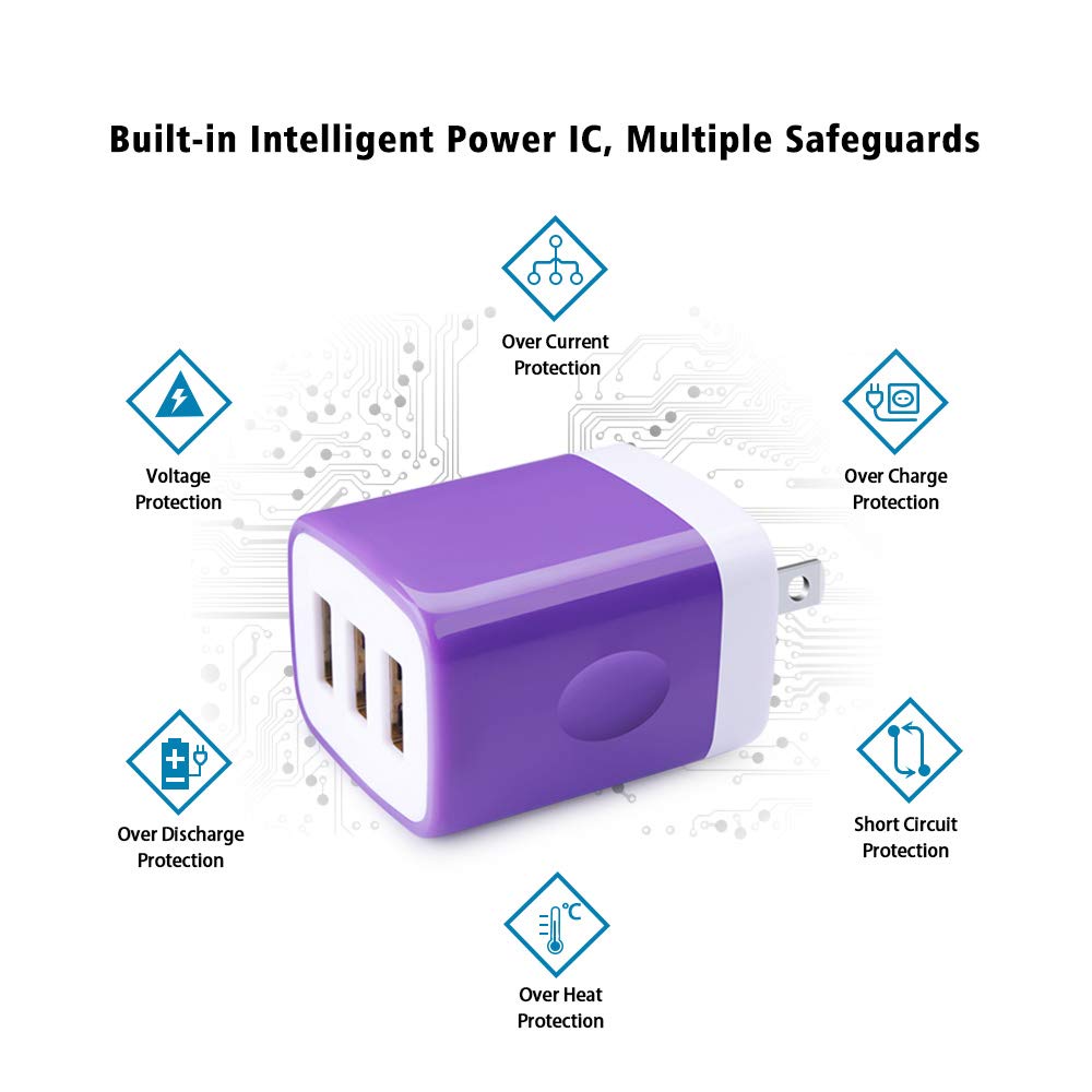 3 Port USB Wall Charger - Multi-Port USB Plug, 5V 3.1A Compatible with iPhone 14/13/12/11/Xs/XR/8/7/6S, Samsung Galaxy S23/S22/S21/A14/A13/Note 20, LG