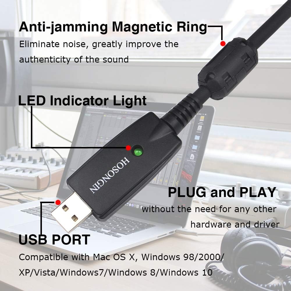 HOSONGIN XLR to USB Recording Cable for Microphones, 48V Phantom Power Required for Condenser Microphones, Plug-and-Play Audio Adapter with Built-in