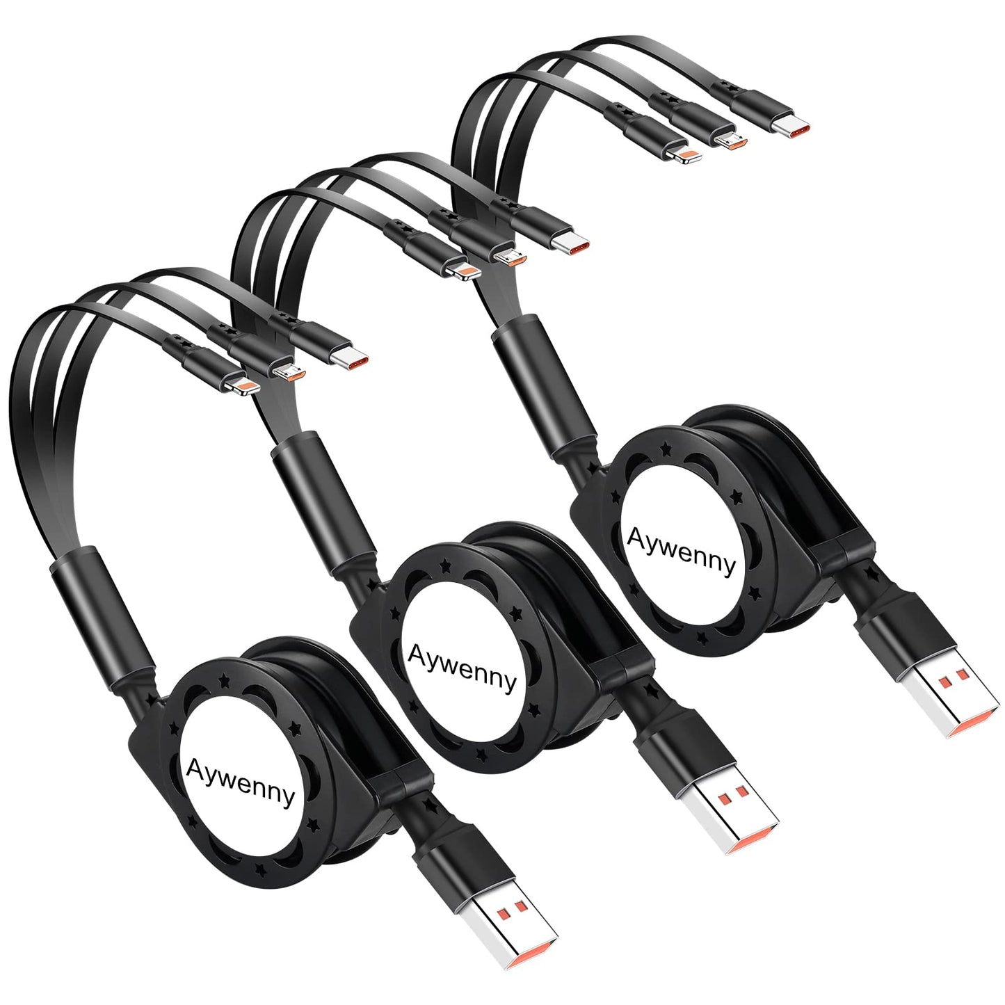 Aywenny [2026 Upgraded] 3 Pack Multi Retractable Charging Cable, 3 in 1 USB Charging Cable with USB C/Micro USB/Phone Port, 3.3FT Charging Cable