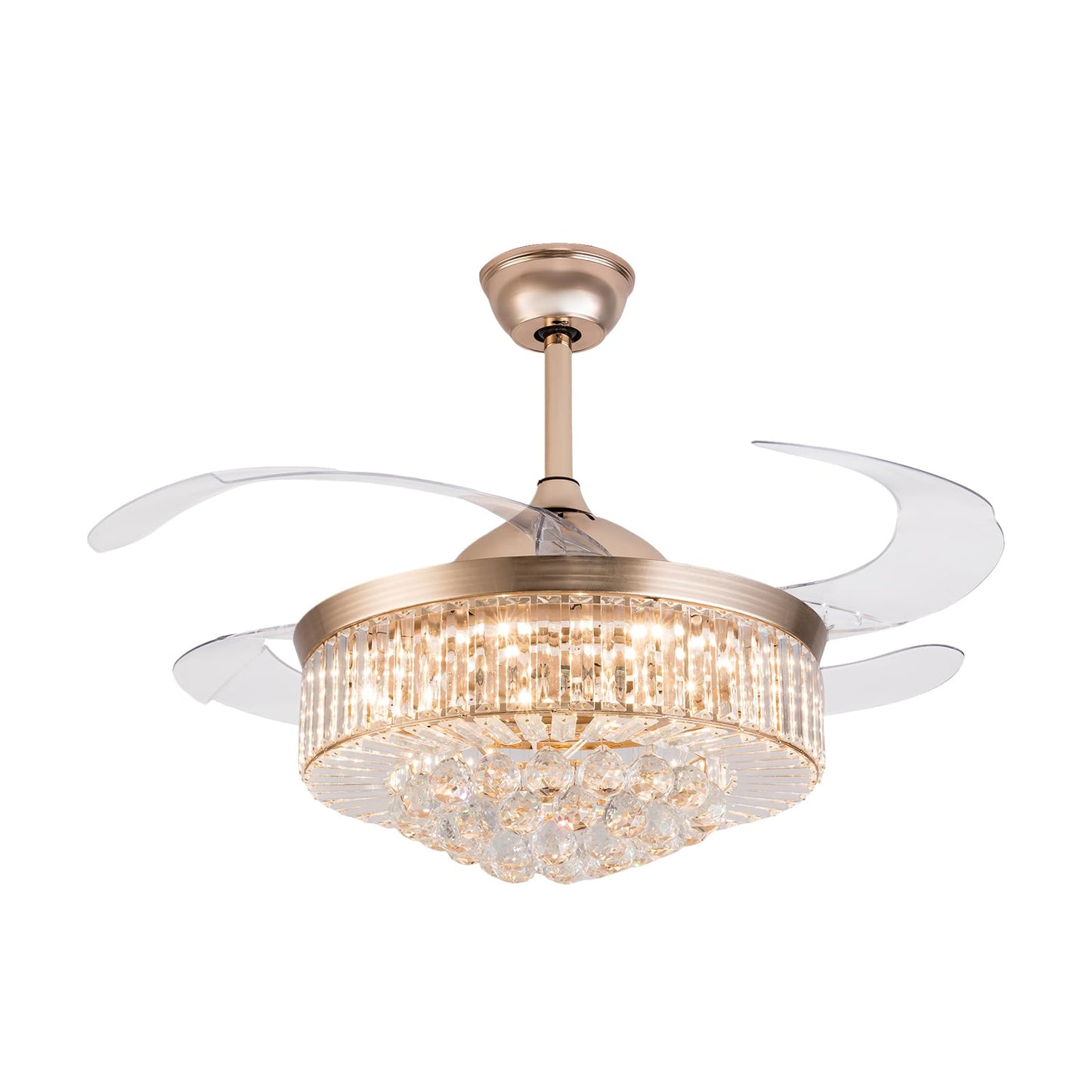 Gdrasuya10 42 Inch Crystal Ceiling Fan Light, 4 Blade Retractable Blade Chandelier Remote Control LED Pendant Light Dimmable 3 Colors Change