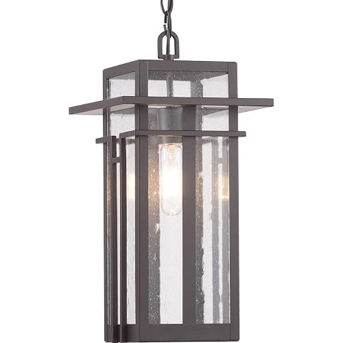 Progress Lighting Boxwood Collection 1-Light Clear Seeded Glass Craftsman Outdoor Hanging Lantern Light Antique Bronze