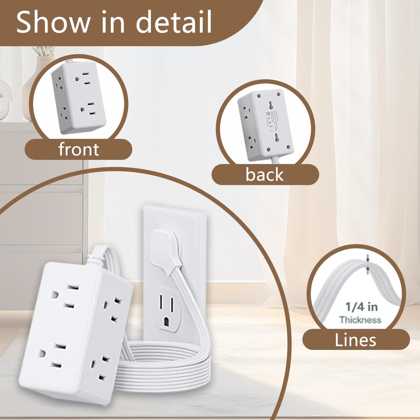Flat Plug Power Strip, 5Ft Extension Cord with Multiple Outlets, 3 Sided Outlet Extender Charging Station, 6 Outlets Charging Ports, Wall Mount,