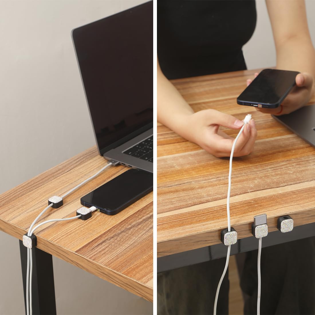 Sparkly Diamond Cord Organizer Holder, 6 Pack Magnetic Desk Cable Clips Management, Hide Phone Charging Cable Keeper, Strong Adhesive Wire Charger