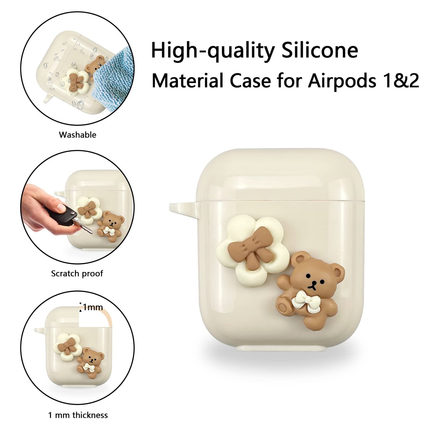 AIIEKZ Cute Kawaii AirPods Case Cover, Lovely Flower Bear Design Smooth Soft Protective Cover for AirPods 1&2 Generation Case with Pearl Chain