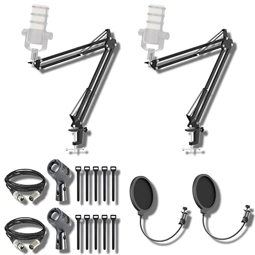 StreamEye BOOMARM1 Boom Arm Mic Stand with Desktop Mount (Pair), Detachable Clips, Professional Grade XLR Cables, Microphone Pop Filters and Cable