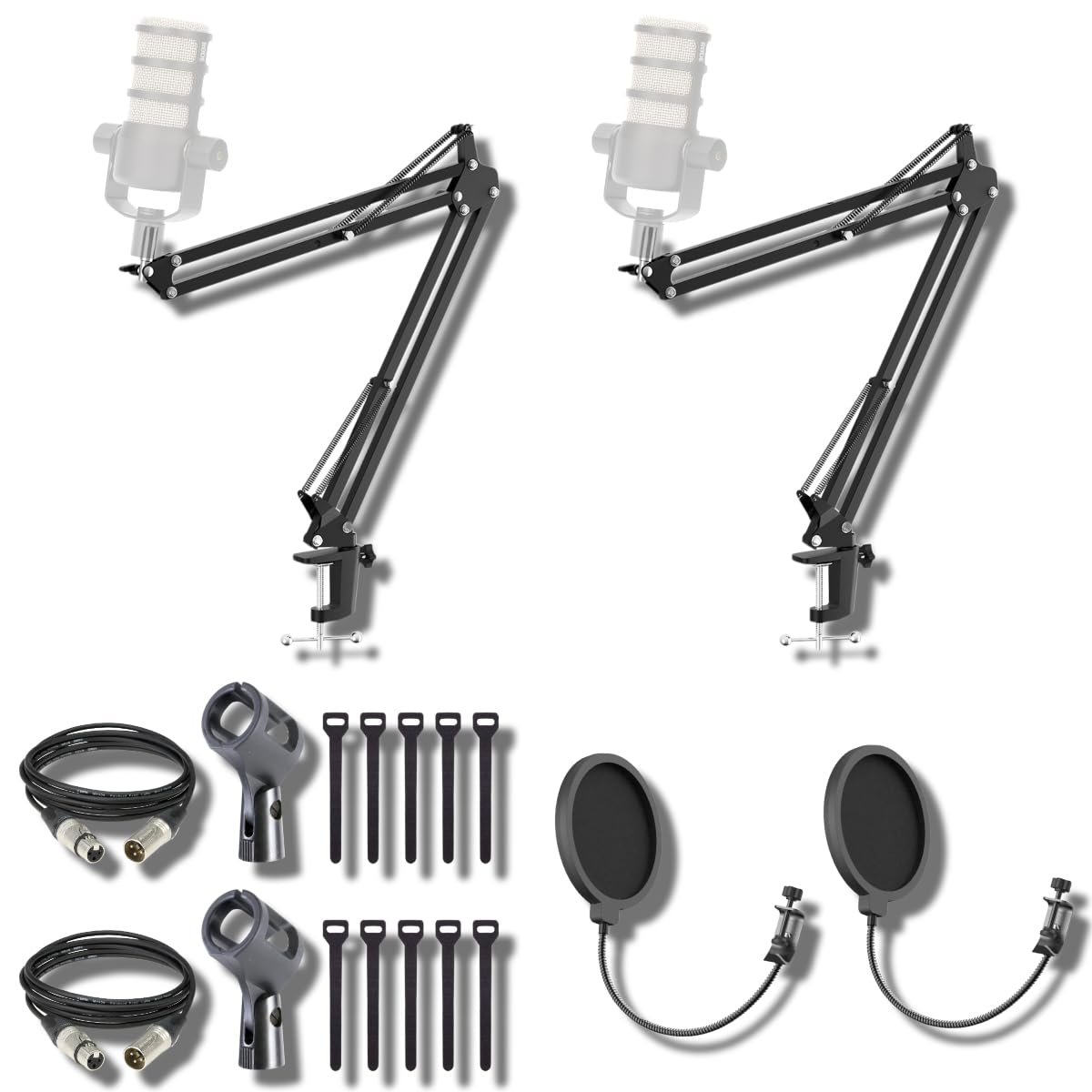 StreamEye BOOMARM1 Boom Arm Mic Stand with Desktop Mount (Pair), Detachable Clips, Professional Grade XLR Cables, Microphone Pop Filters and Cable