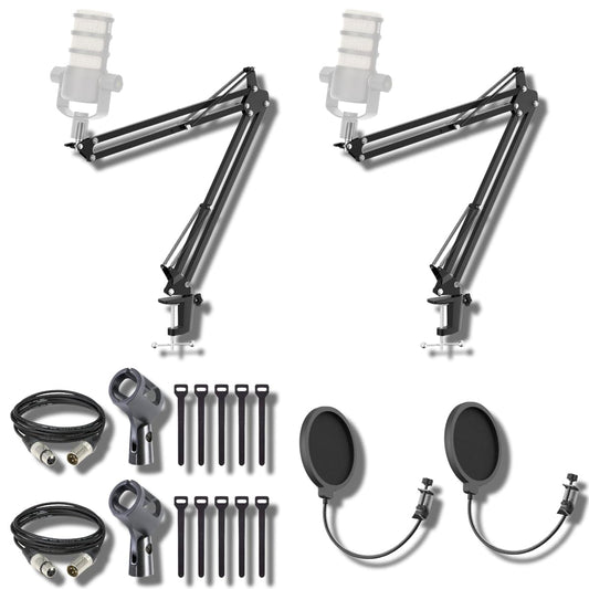 StreamEye BOOMARM1 Boom Arm Mic Stand with Desktop Mount (Pair), Detachable Clips, Professional Grade XLR Cables, Microphone Pop Filters and Cable