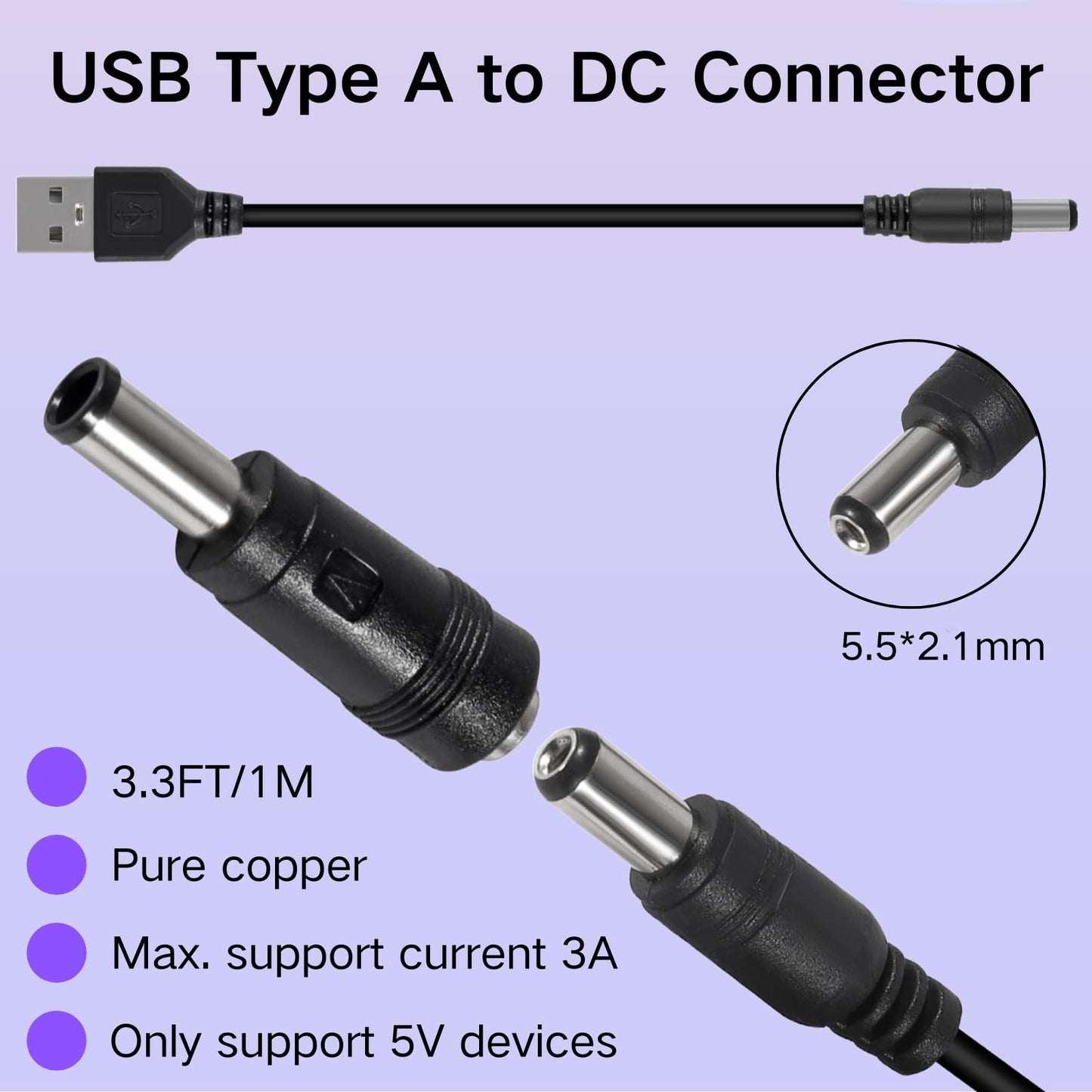 MELIFE USB to DC 5V Power Cord, Universal DC 5.5x2.1mm Plug Jack Charging Cable with 20 Connector Tips, 3.3ft USB C to DC Adapter Compatible with 5V