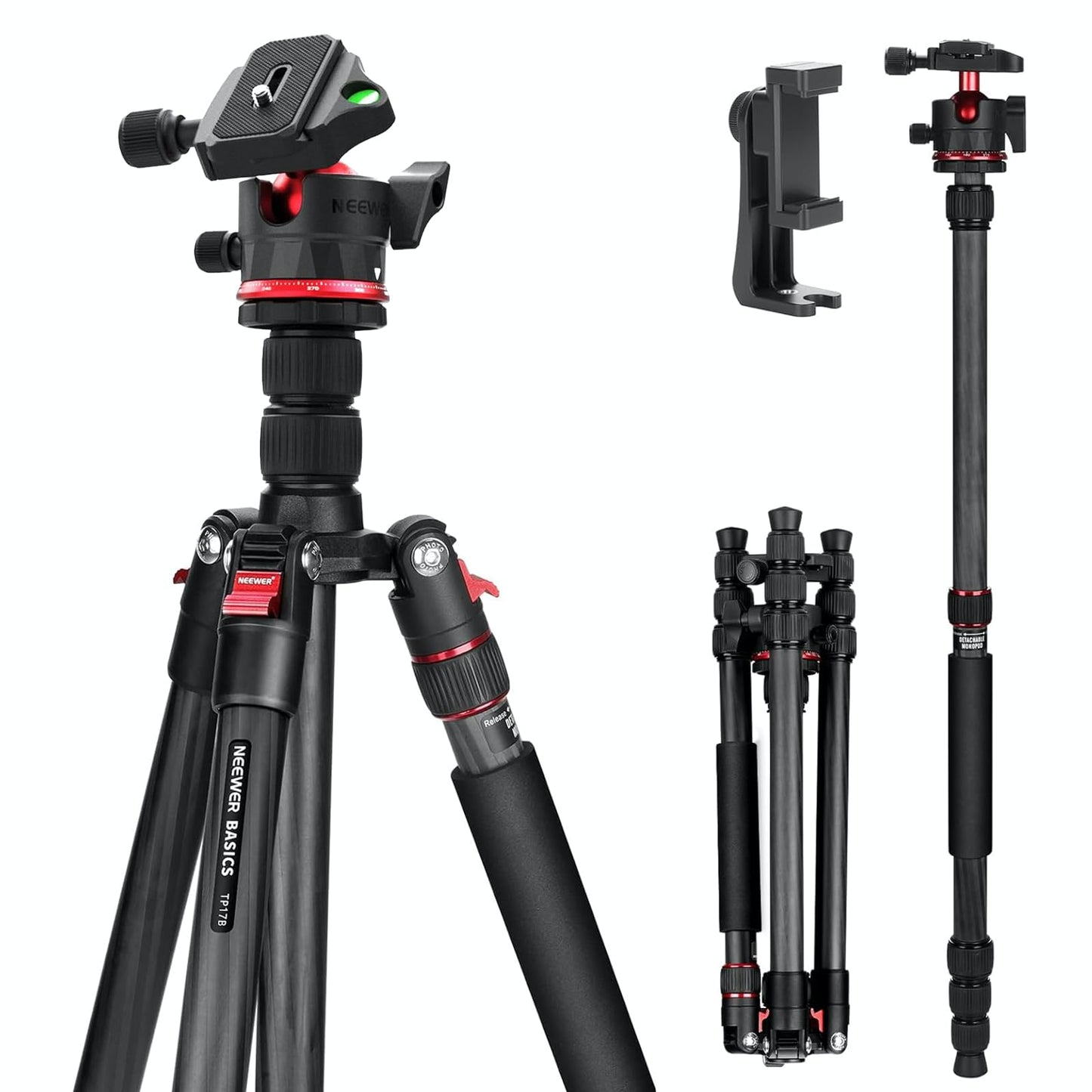 NEEWER Basics Carbon Fiber Travel Tripod Monopod, 64" Compact Lightweight Portable Camera Cell Phone Holder Stand Compatible with iPhone Video